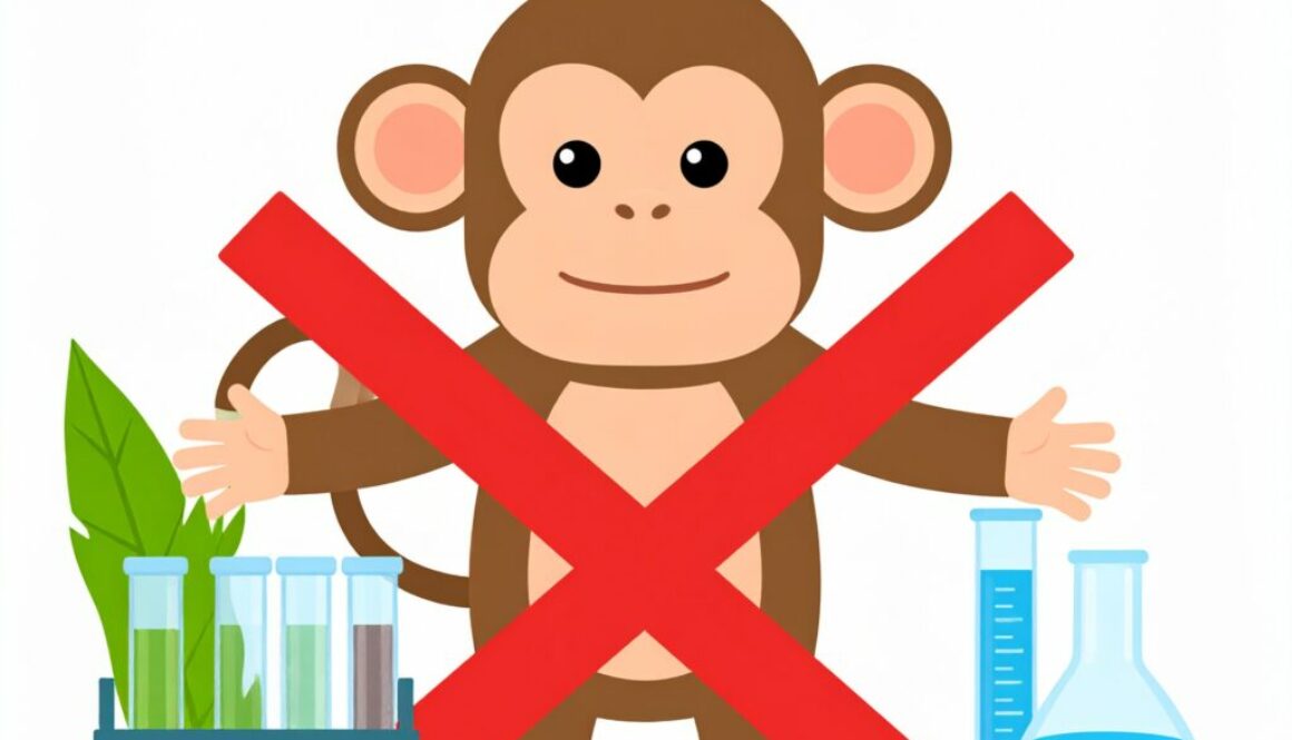 un singe barré d'une croix rouge avec devant du materiel de laborantin