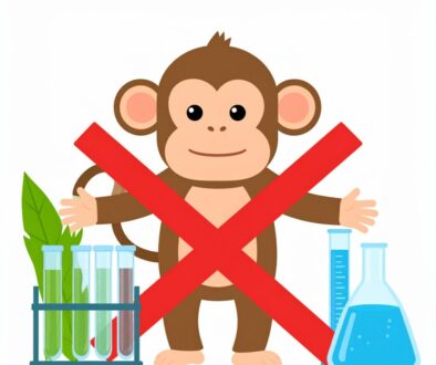 un singe barré d'une croix rouge avec devant du materiel de laborantin