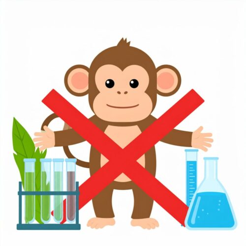 un singe barré d'une croix rouge avec devant du materiel de laborantin un singe barré d'une croix rouge avec devant du materiel de laborantin