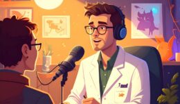 Firefly_An illustrated scene showing a male scientist being interviewed on a radio show about 687094