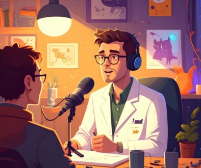 Firefly_An illustrated scene showing a male scientist being interviewed on a radio show about 687094