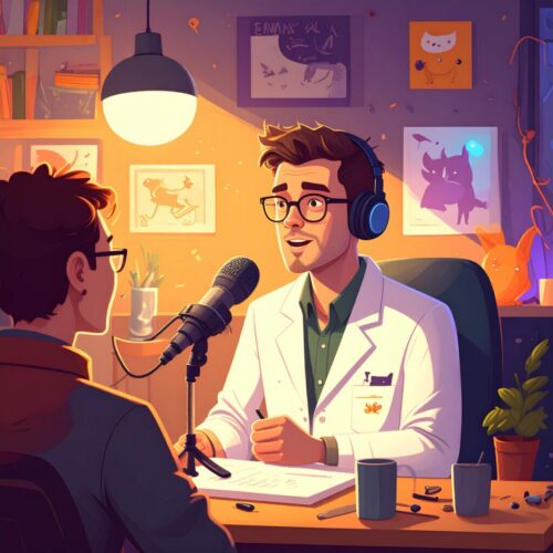 Firefly_An illustrated scene showing a male scientist being interviewed on a radio show about 687094 Firefly_An illustrated scene showing a male scientist being interviewed on a radio show about 687094