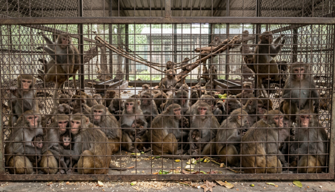A whole bunch of monkeys in a cage, crammed full. 123046