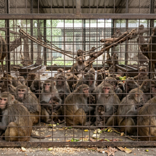 A whole bunch of monkeys in a cage, crammed full. 123046