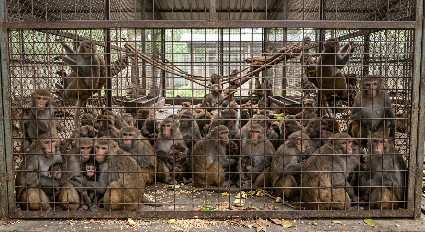 A whole bunch of monkeys in a cage, crammed full. 123046